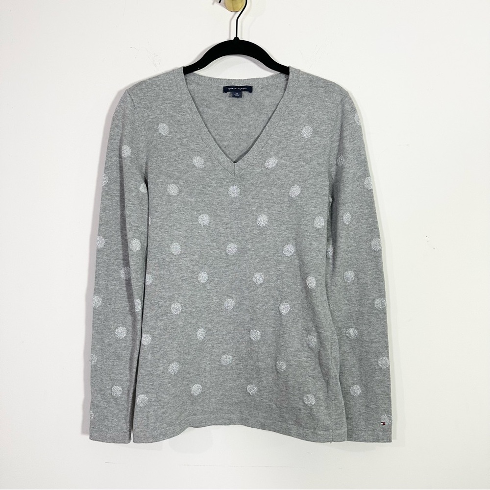 Tommy Hilfiger Gray Metallic Silver Polka Dot V-Neck Cotton Knit Sweater